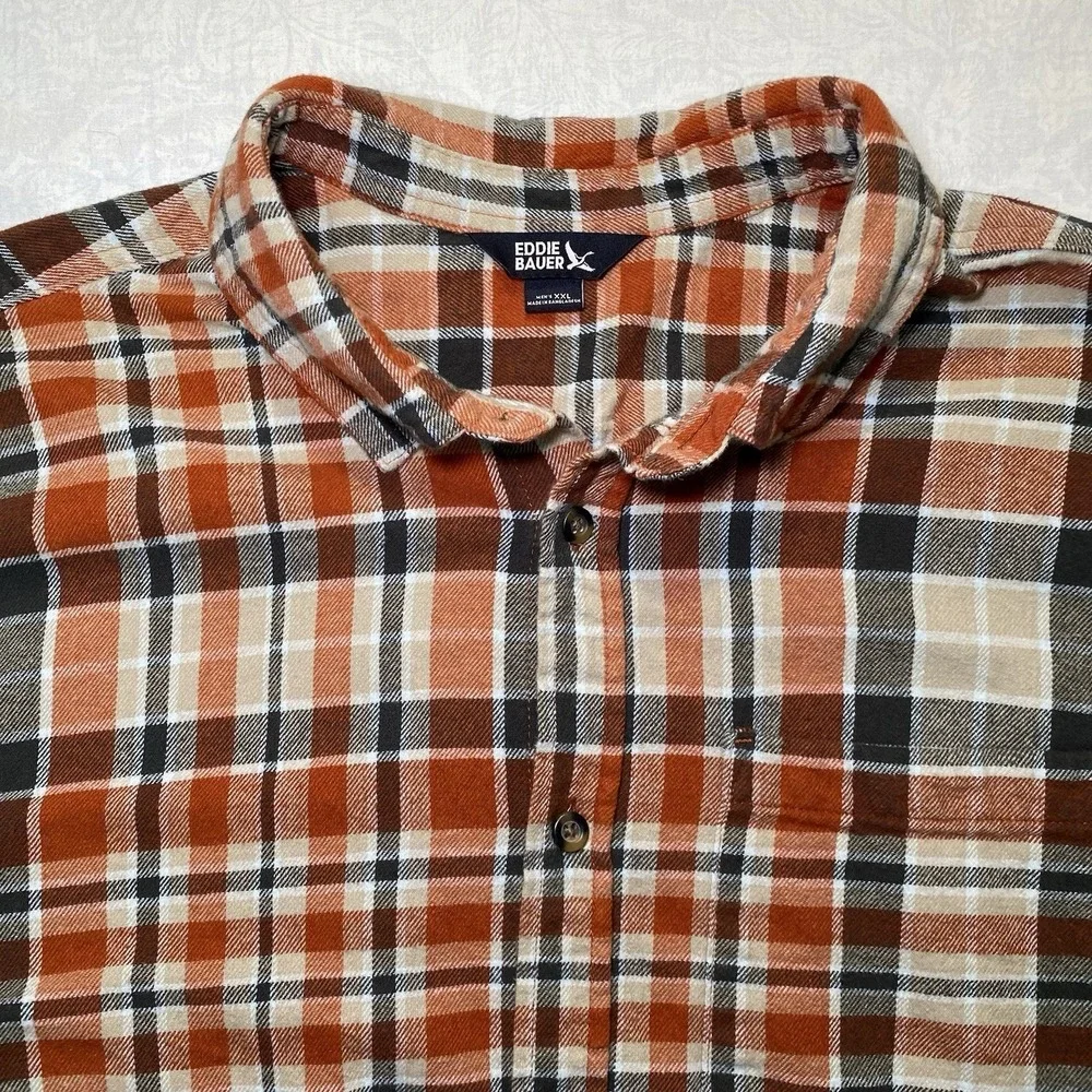 Eddie Bauer Flannel Shirt Mens XXL Blue Orange Plaid Button Up Lot 2